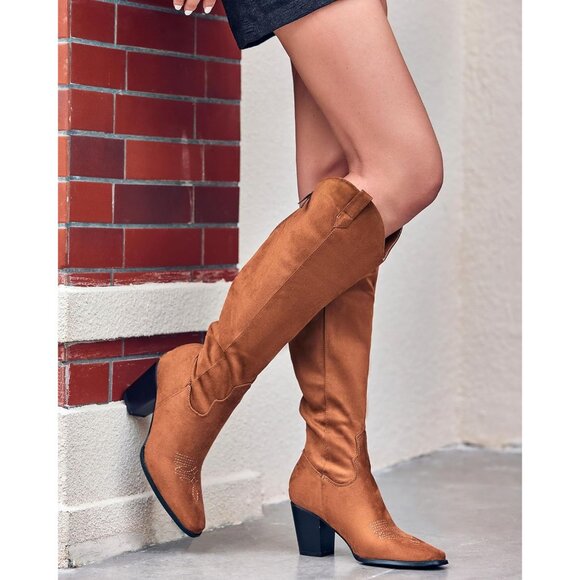 Women Brown Cowboy Knee High Boot Chunky Block Heel Square Toe Tall Riding Boots - Picture 2 of 5